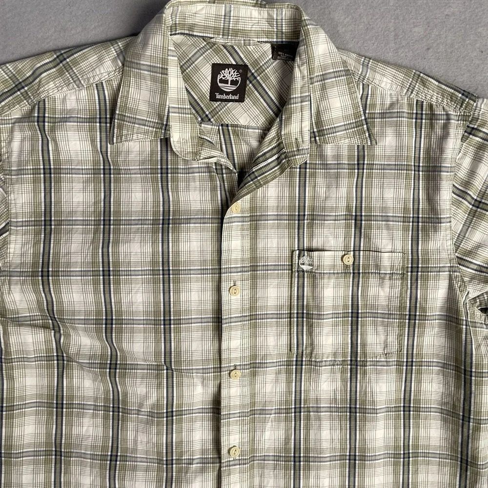 Timberland Casual Button Front Shirt Men Medium Beige Plaid Long Sleeve‎